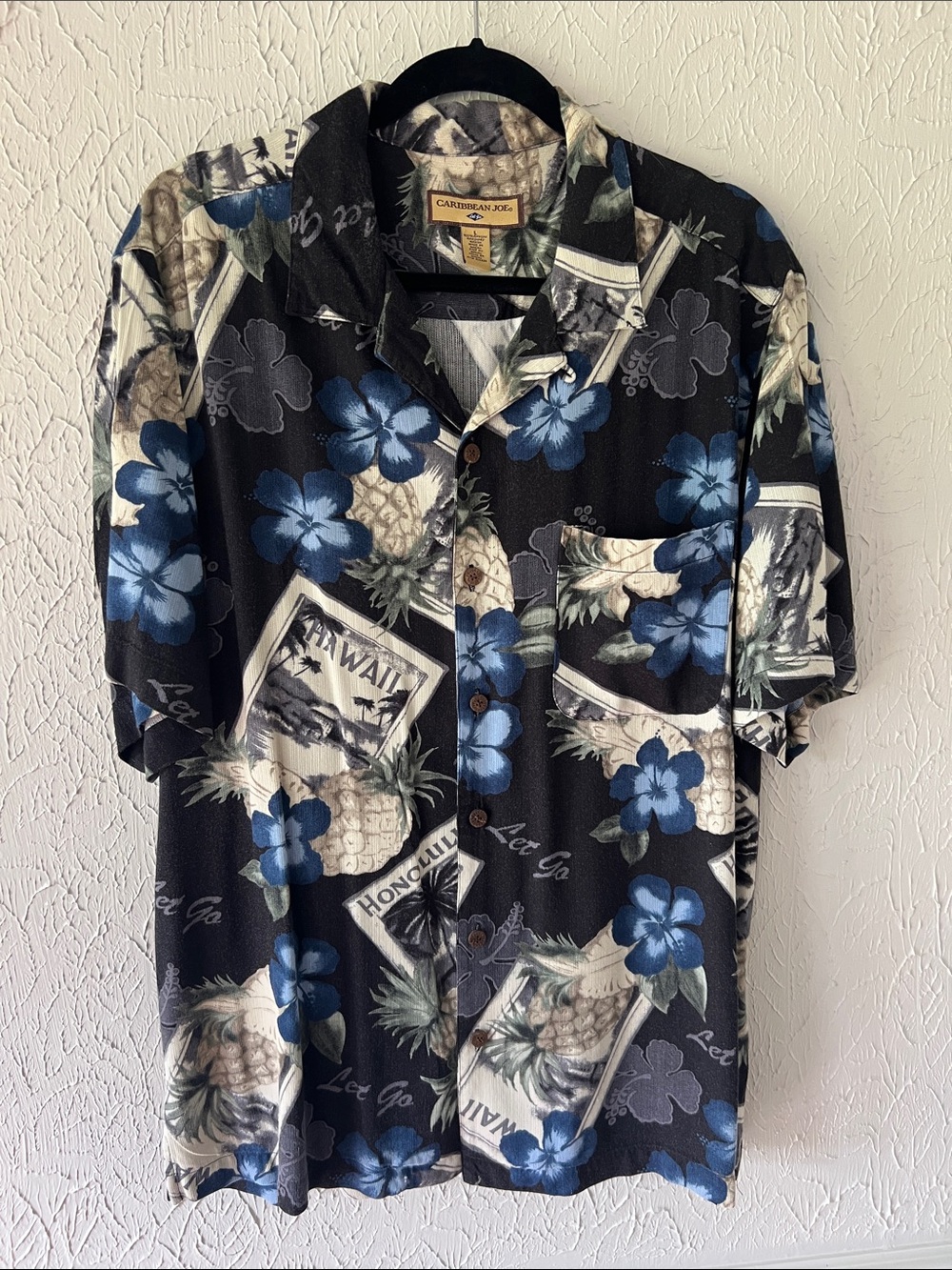 Caribbean Joe Black Floral Hawaiian Button-Up Shirt with Blue Blooms
